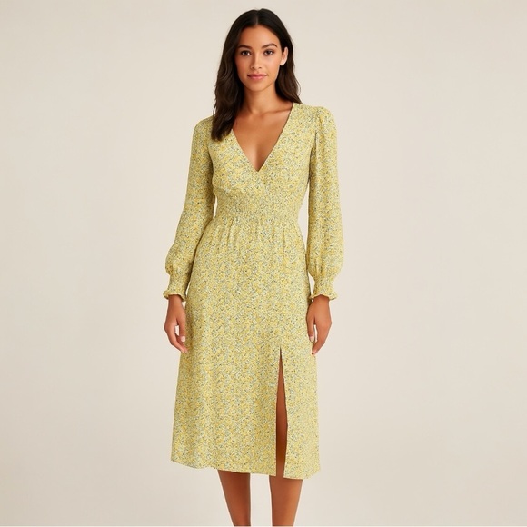AFRM Yellow Floral Smocked Midi Dress XS | Long Sleeve | Boho | Anthropologie - Picture 1 of 11